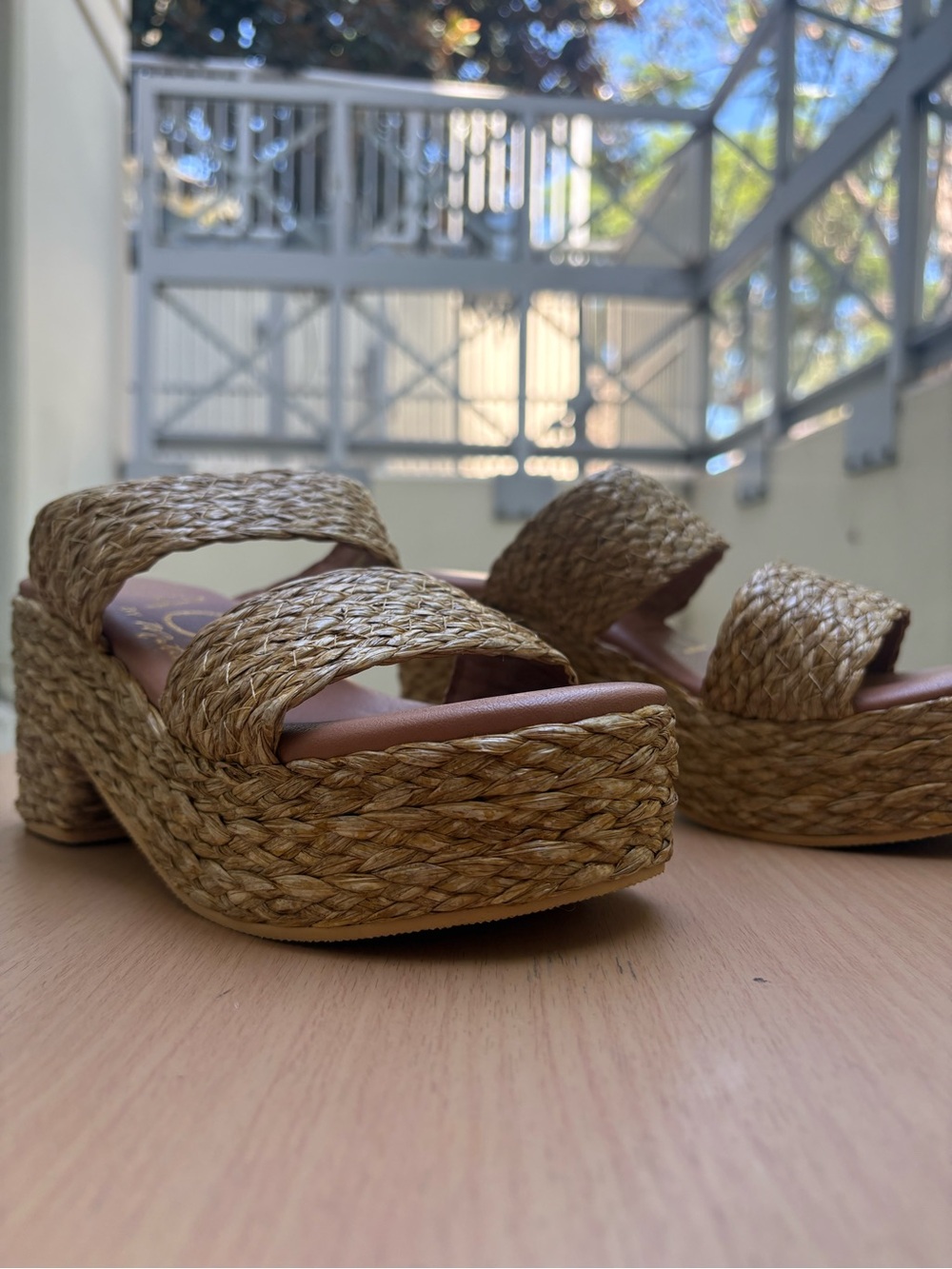 Woven Platform Slide Sandals in Natural Straw